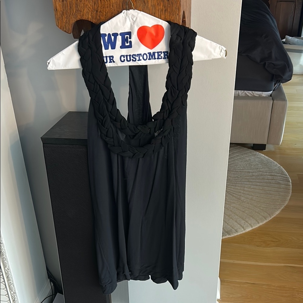 Women's Black 100% Silk Braided Collar T- Strap Dressy Tank Top Size S